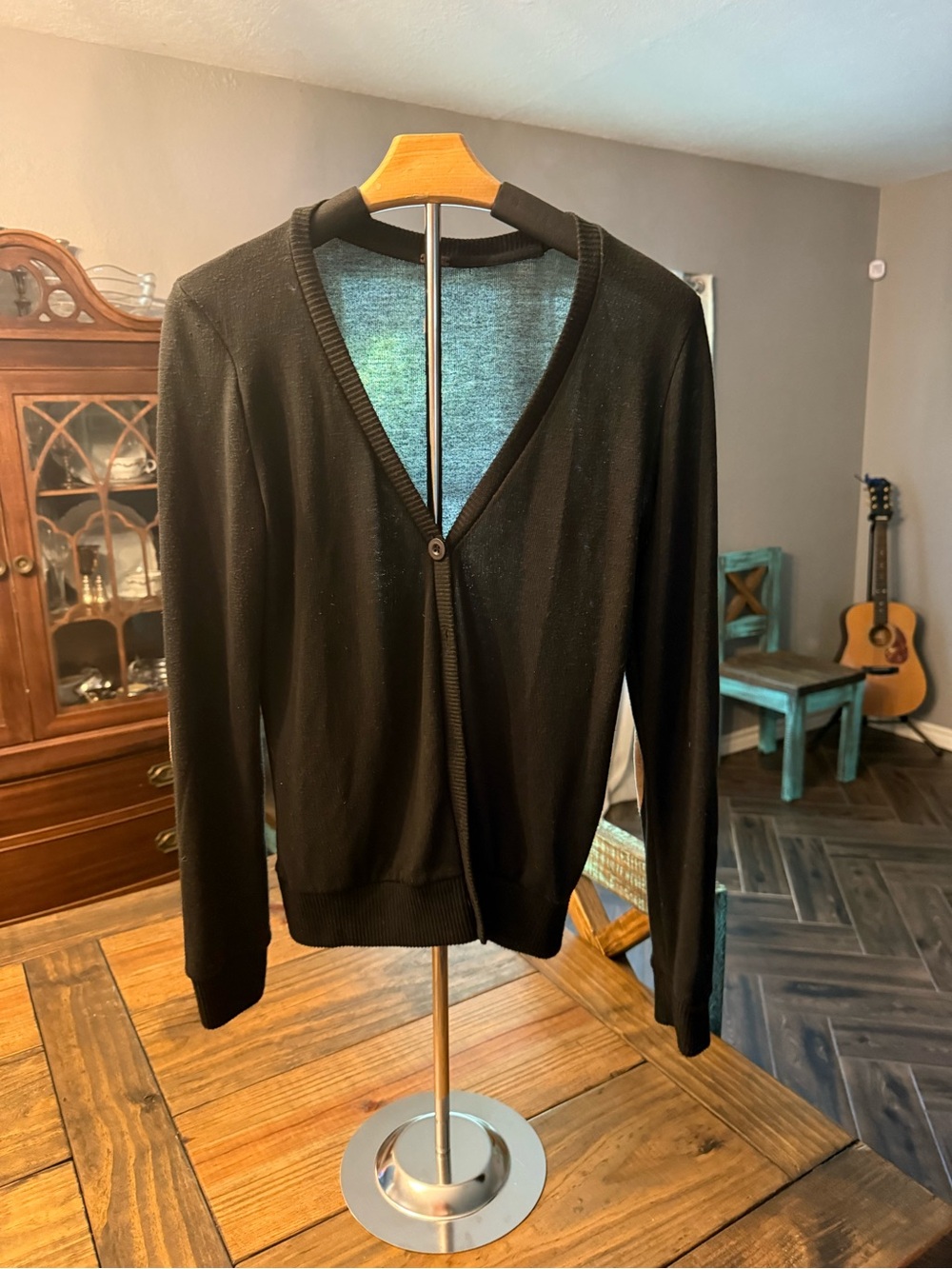 Poof! Ladies Black V-Neck Single-Button Cardigan